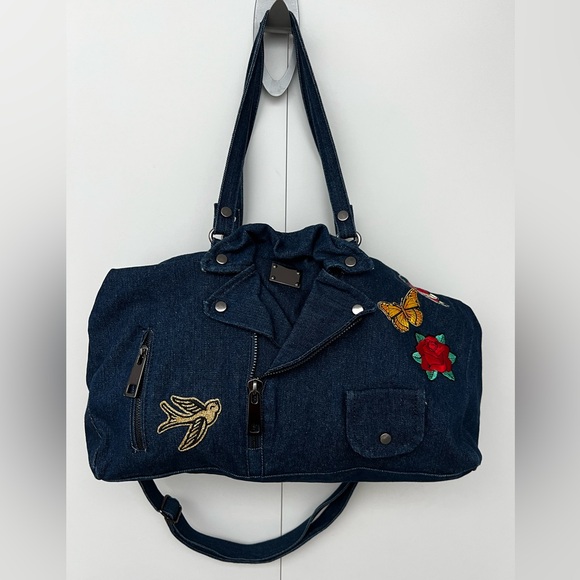 Stylish Denim Shoulder Bag with Embroidered Patches - Picture 5 of 13